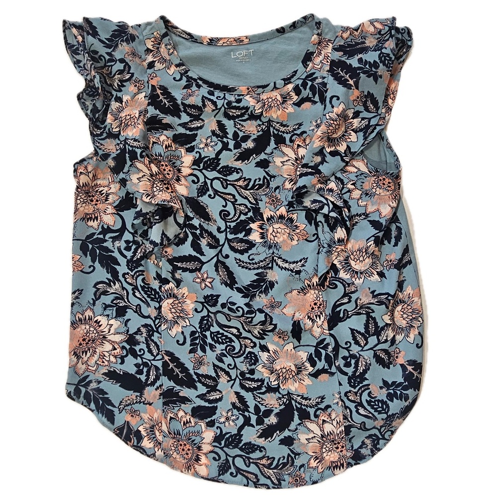 LOFT Outlet T-Shirt Womens S Blue Floral Ruffle Flutter Sleeve Round Neck Jersey